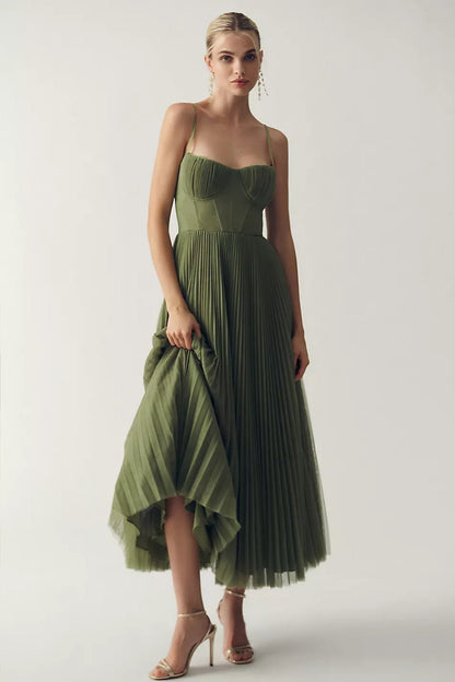 Corset-Style Pleated Midi Slip Dress