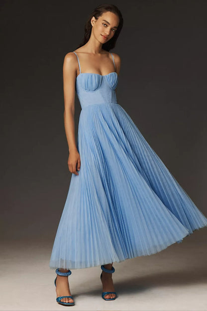 Corset-Style Pleated Midi Slip Dress