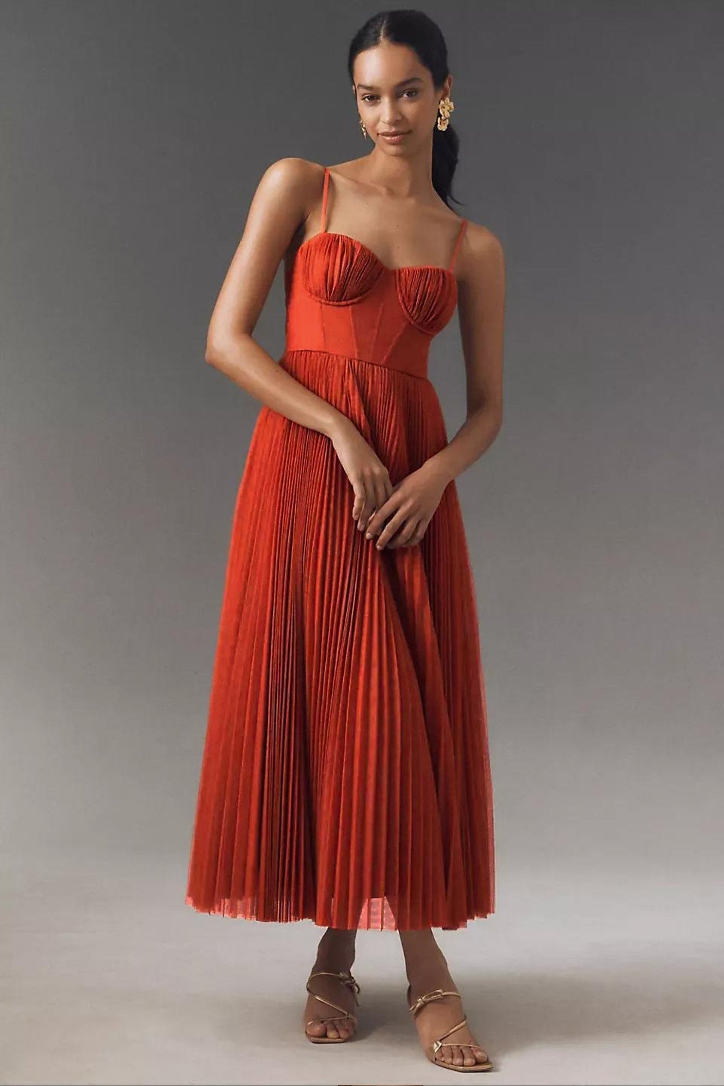Corset-Style Pleated Midi Slip Dress