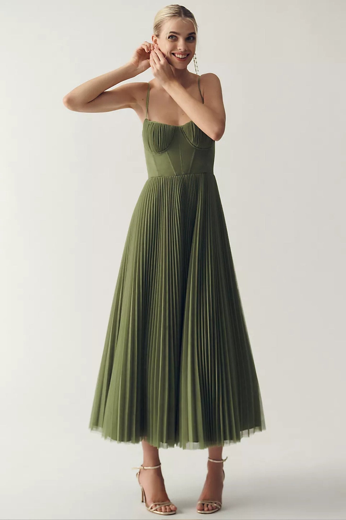 Corset-Style Pleated Midi Slip Dress