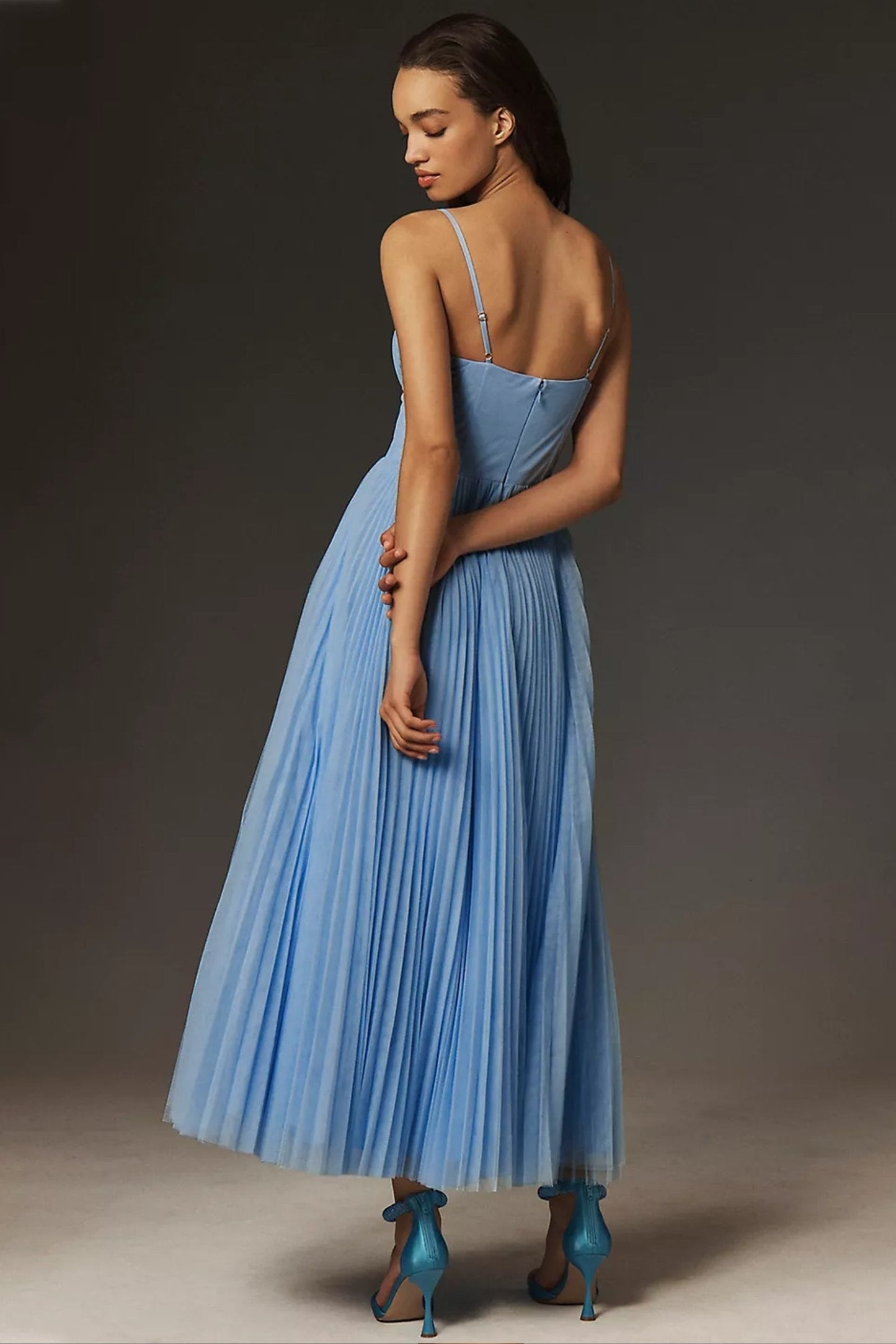 Corset-Style Pleated Midi Slip Dress