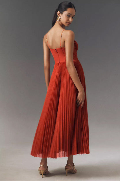 Corset-Style Pleated Midi Slip Dress