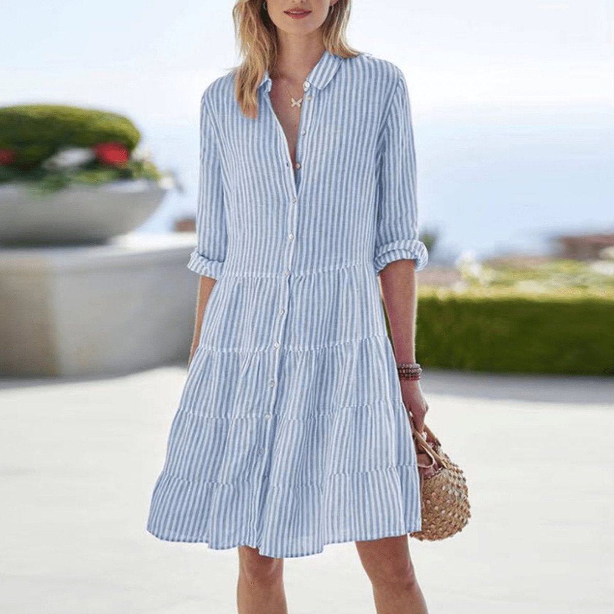 Women's Striped Tiered Shirt Dress with 3/4 Sleeves