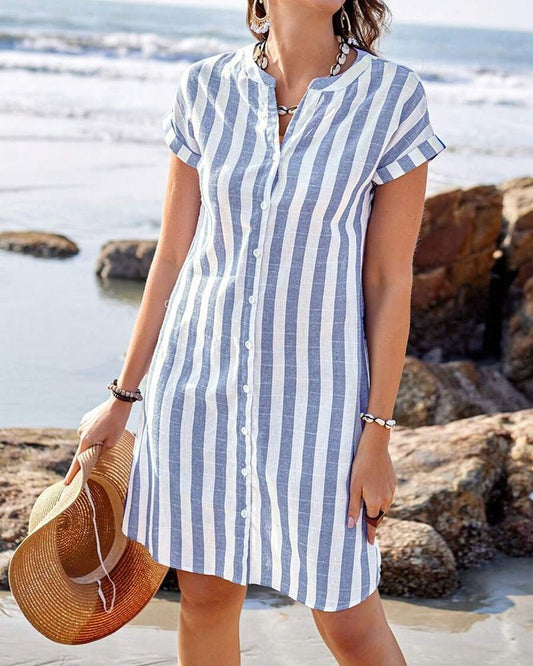 Short-Sleeve Striped Linen A-Line Shirt Dress