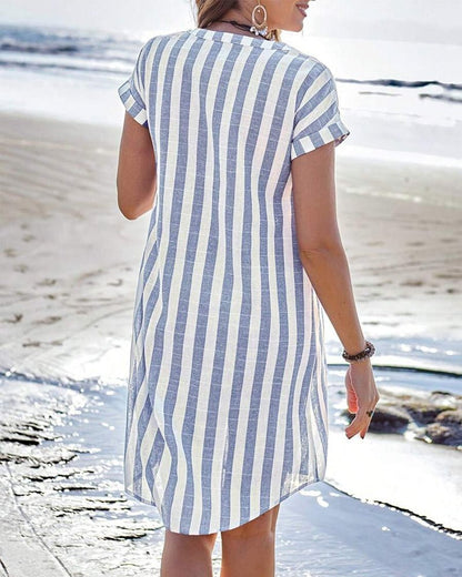 Short-Sleeve Striped Linen A-Line Shirt Dress