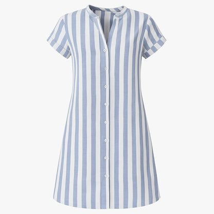Short-Sleeve Striped Linen A-Line Shirt Dress