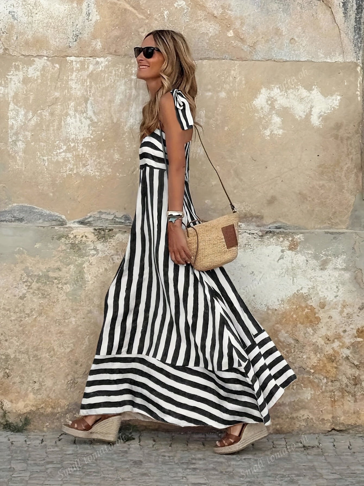Tiered Striped Maxi Dress with Tie Straps