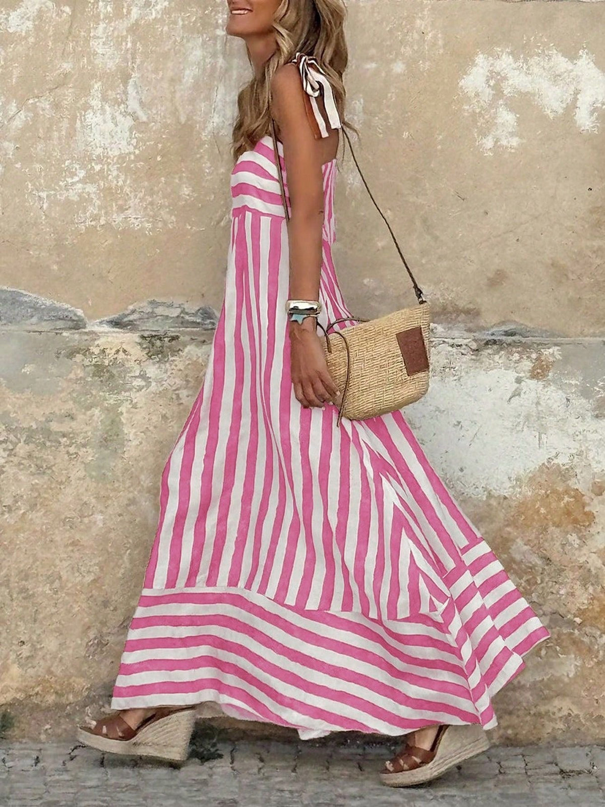 Tiered Striped Maxi Dress with Tie Straps