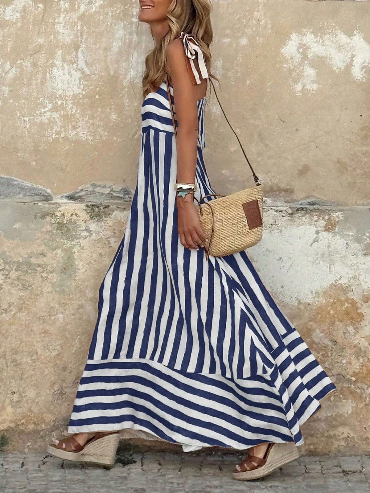 Tiered Striped Maxi Dress with Tie Straps