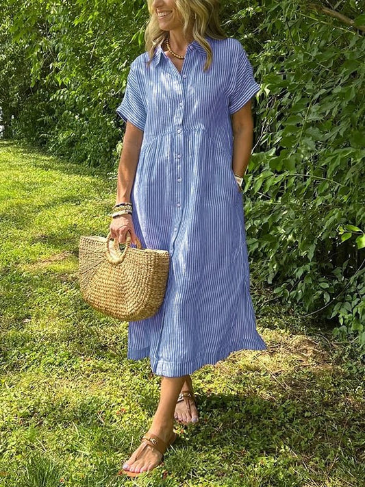 Striped Short Sleeve Midi Shirt Dress