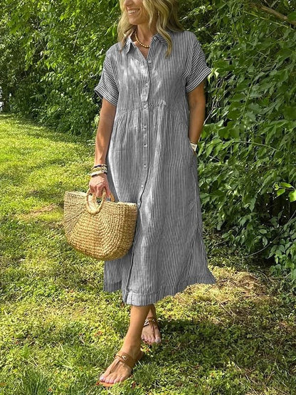 Striped Short Sleeve Midi Shirt Dress