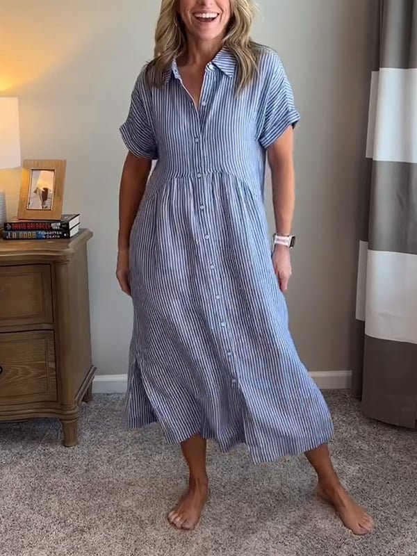 Striped Short Sleeve Midi Shirt Dress