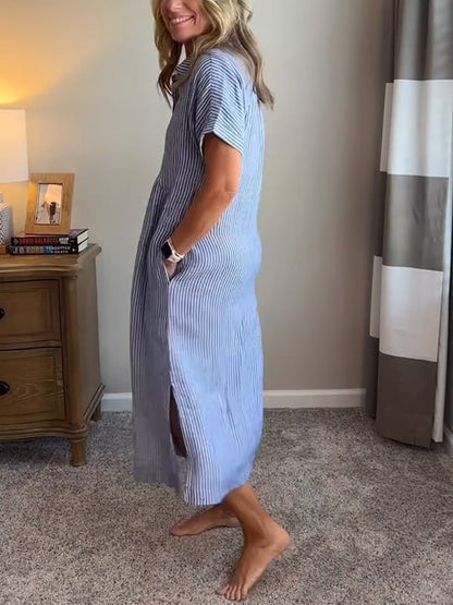 Striped Short Sleeve Midi Shirt Dress