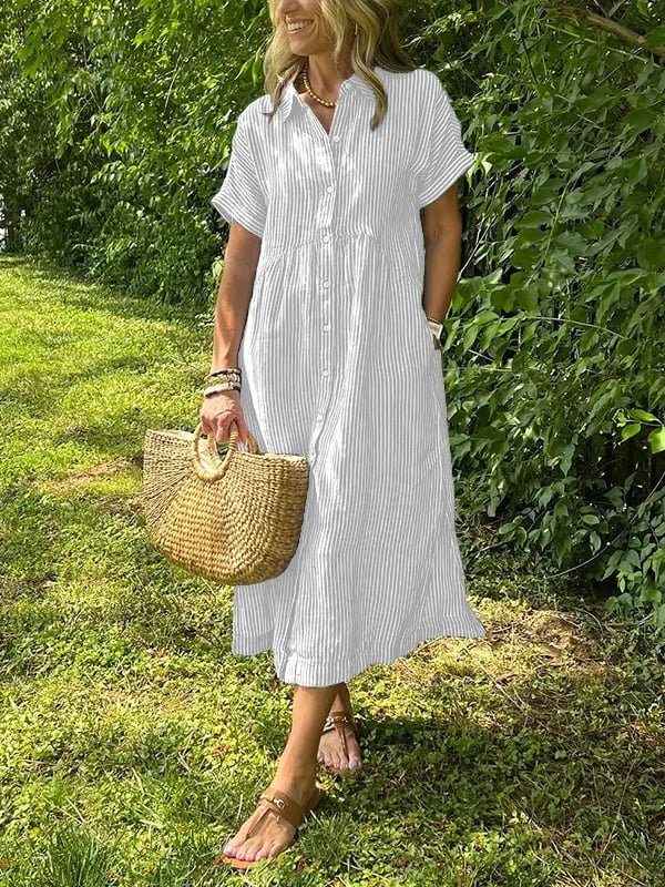 Striped Short Sleeve Midi Shirt Dress