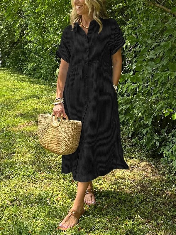 Striped Short Sleeve Midi Shirt Dress