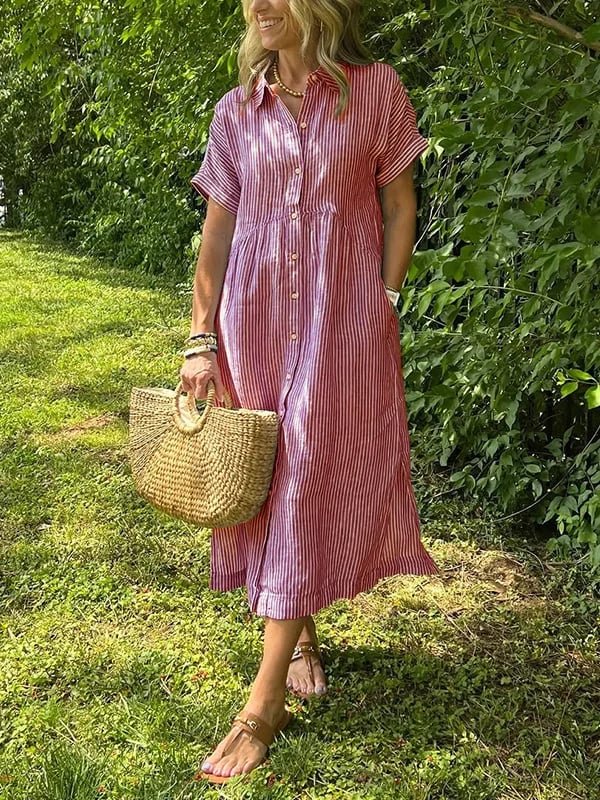 Striped Short Sleeve Midi Shirt Dress