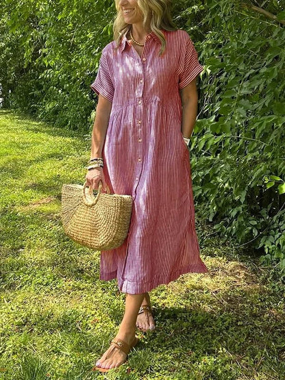 Striped Short Sleeve Midi Shirt Dress