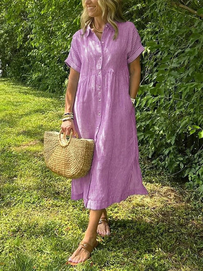 Striped Short Sleeve Midi Shirt Dress