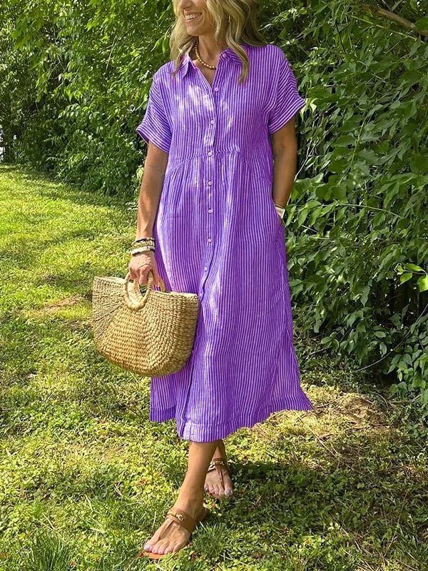 Striped Short Sleeve Midi Shirt Dress