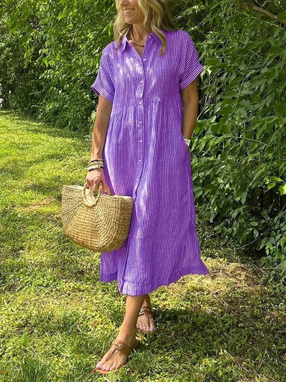 Striped Short Sleeve Midi Shirt Dress