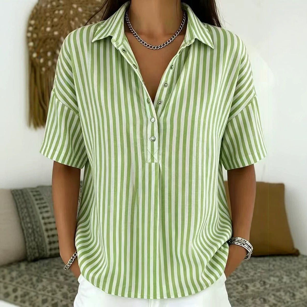 Collared Striped Short Sleeve Top