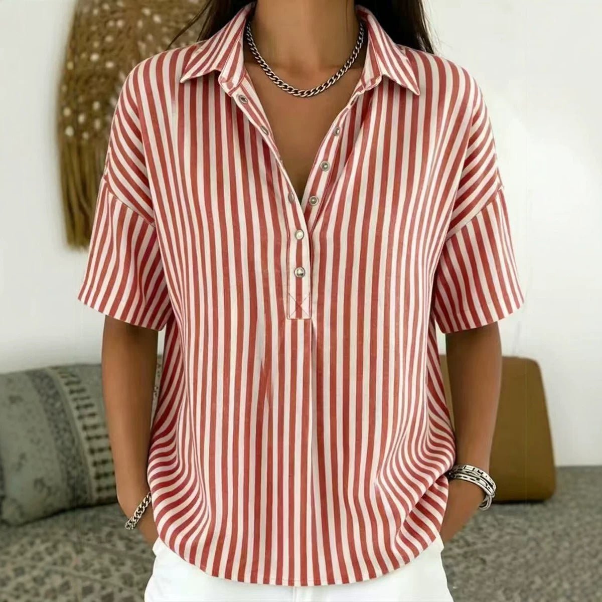 Collared Striped Short Sleeve Top