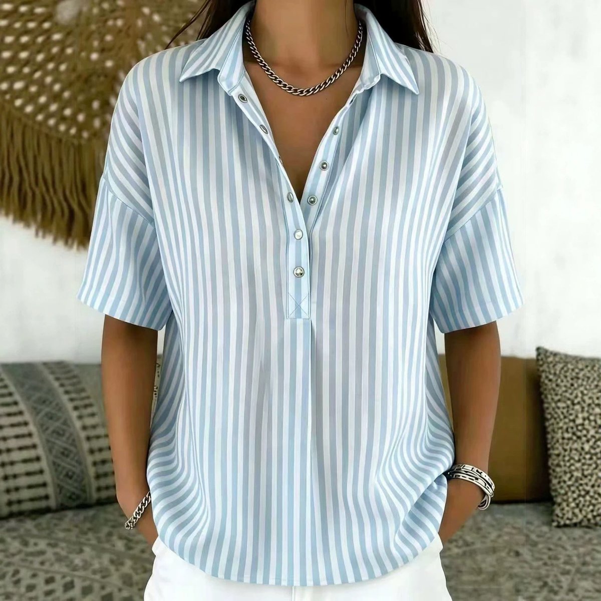 Collared Striped Short Sleeve Top