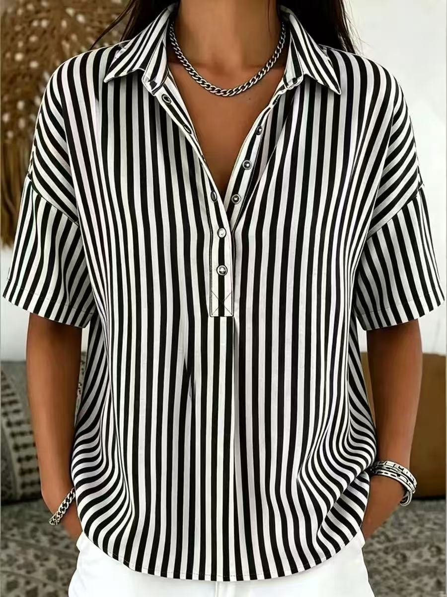 Collared Striped Short Sleeve Top