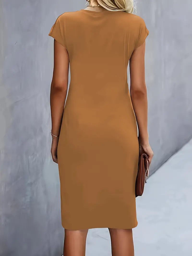 Women's Ruched Waist Midi Dress with Cap Sleeves