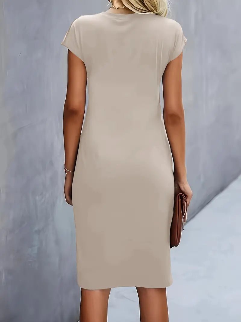 Women's Ruched Waist Midi Dress with Cap Sleeves