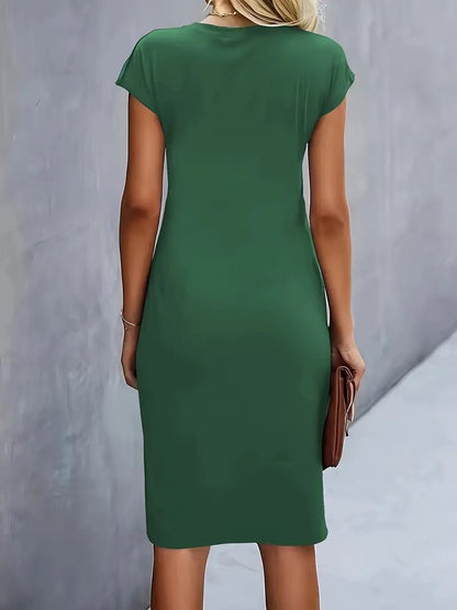 Women's Ruched Waist Midi Dress with Cap Sleeves