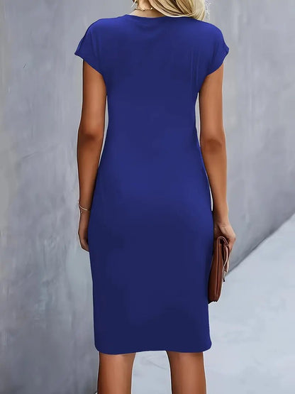 Women's Ruched Waist Midi Dress with Cap Sleeves