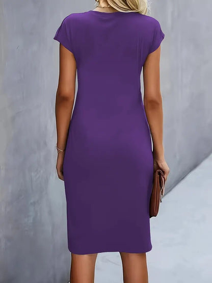 Women's Ruched Waist Midi Dress with Cap Sleeves