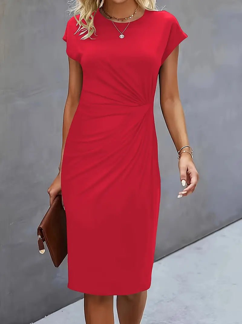 Women's Ruched Waist Midi Dress with Cap Sleeves