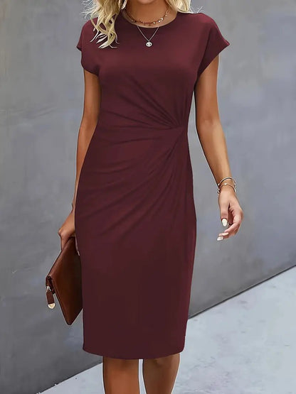 Women's Ruched Waist Midi Dress with Cap Sleeves