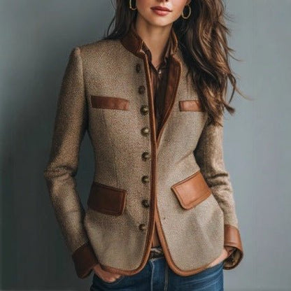 Textured Tweed Fitted Blazer with Contrast Trim
