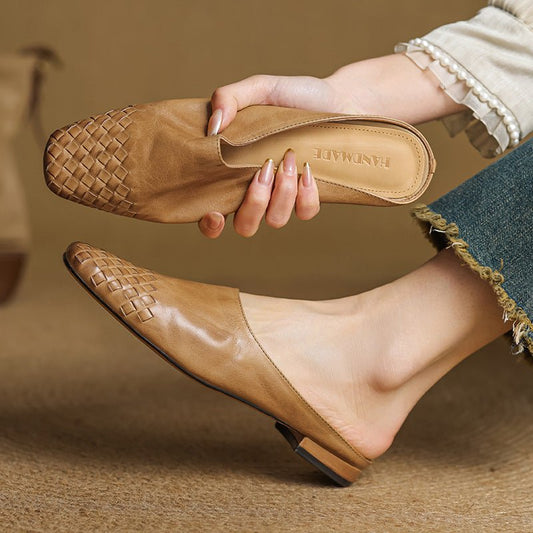Square Toe Woven Low Heel Slip-On Mules