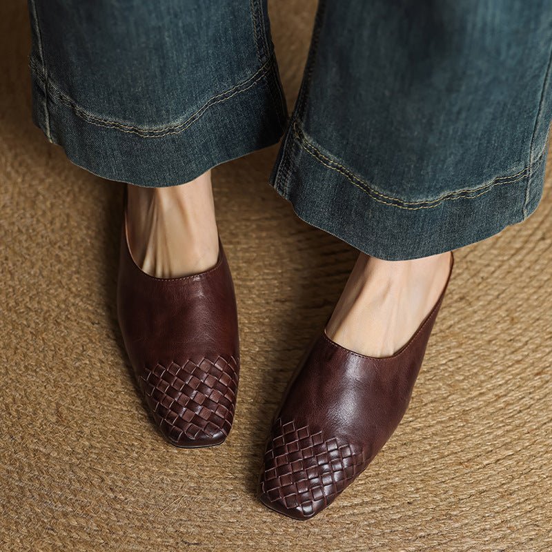 Square Toe Woven Low Heel Slip-On Mules