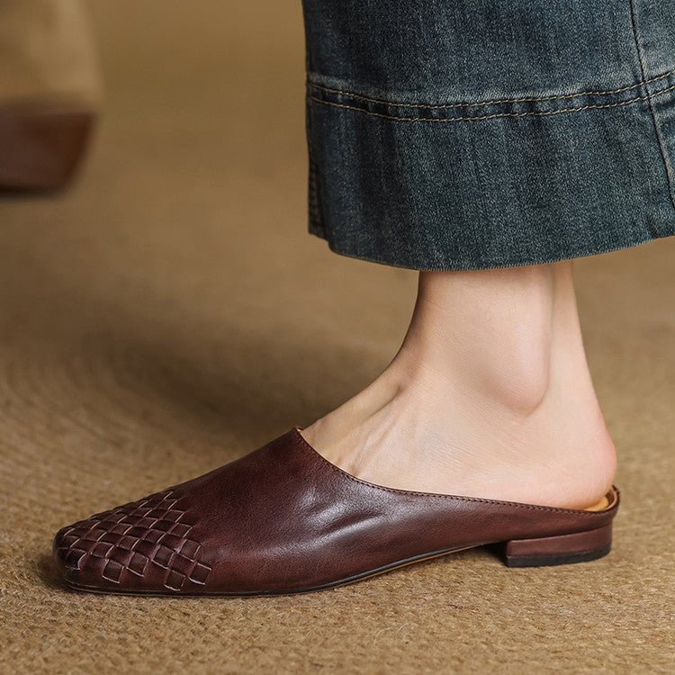 Square Toe Woven Low Heel Slip-On Mules