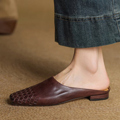 Square Toe Woven Low Heel Slip-On Mules