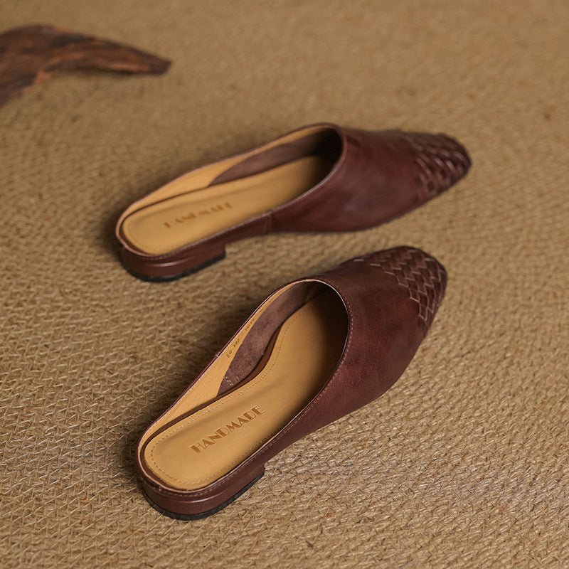 Square Toe Woven Low Heel Slip-On Mules