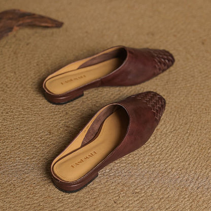 Square Toe Woven Low Heel Slip-On Mules