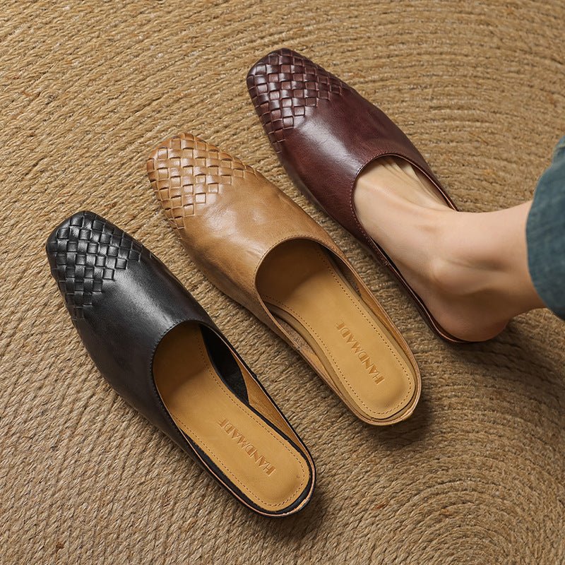 Square Toe Woven Low Heel Slip-On Mules