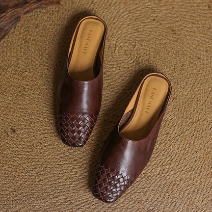 Square Toe Woven Low Heel Slip-On Mules