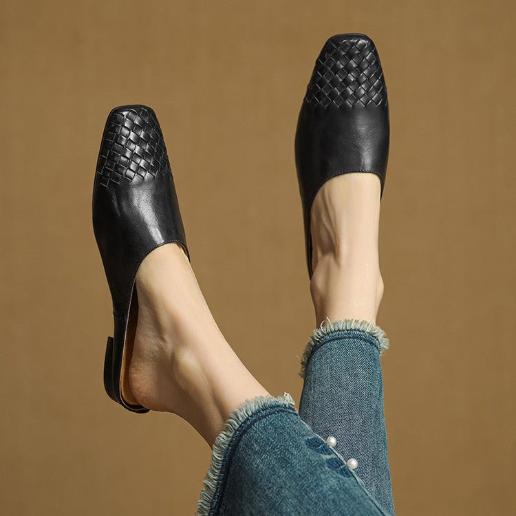 Square Toe Woven Low Heel Slip-On Mules