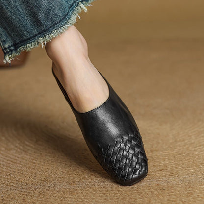 Square Toe Woven Low Heel Slip-On Mules