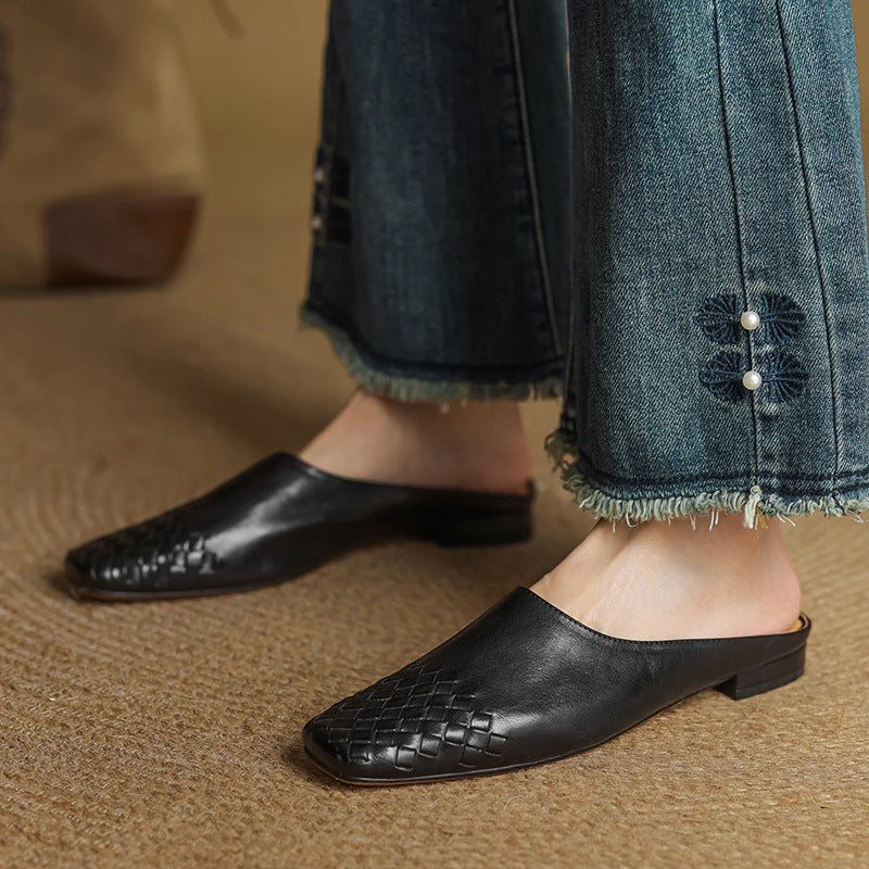 Square Toe Woven Low Heel Slip-On Mules