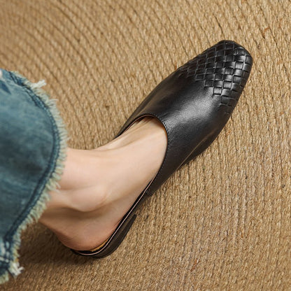 Square Toe Woven Low Heel Slip-On Mules