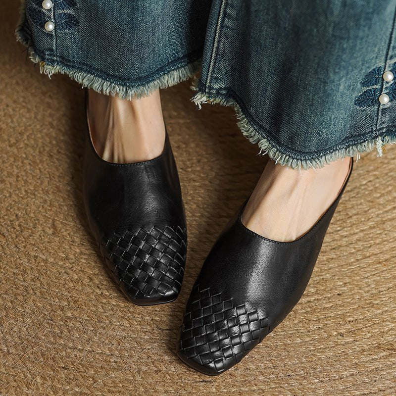 Square Toe Woven Low Heel Slip-On Mules