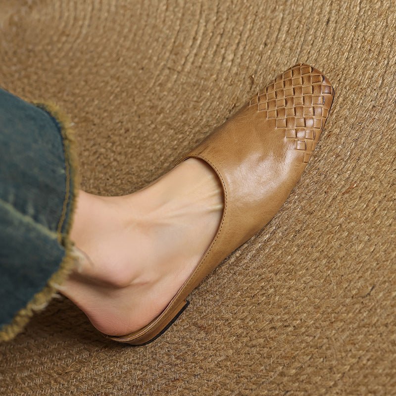 Square Toe Woven Low Heel Slip-On Mules